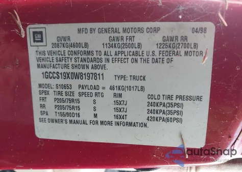 1998 Chevrolet S-10 Ls Fleetside from USA, damaged, VIN 1GCCS19X0W8197811